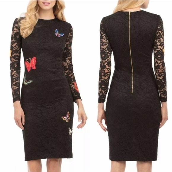 NICOLE MILLER Black Lace Butterfly Embroidered Long Sleeve Midi Dress, Size 10 - Picture 1 of 8